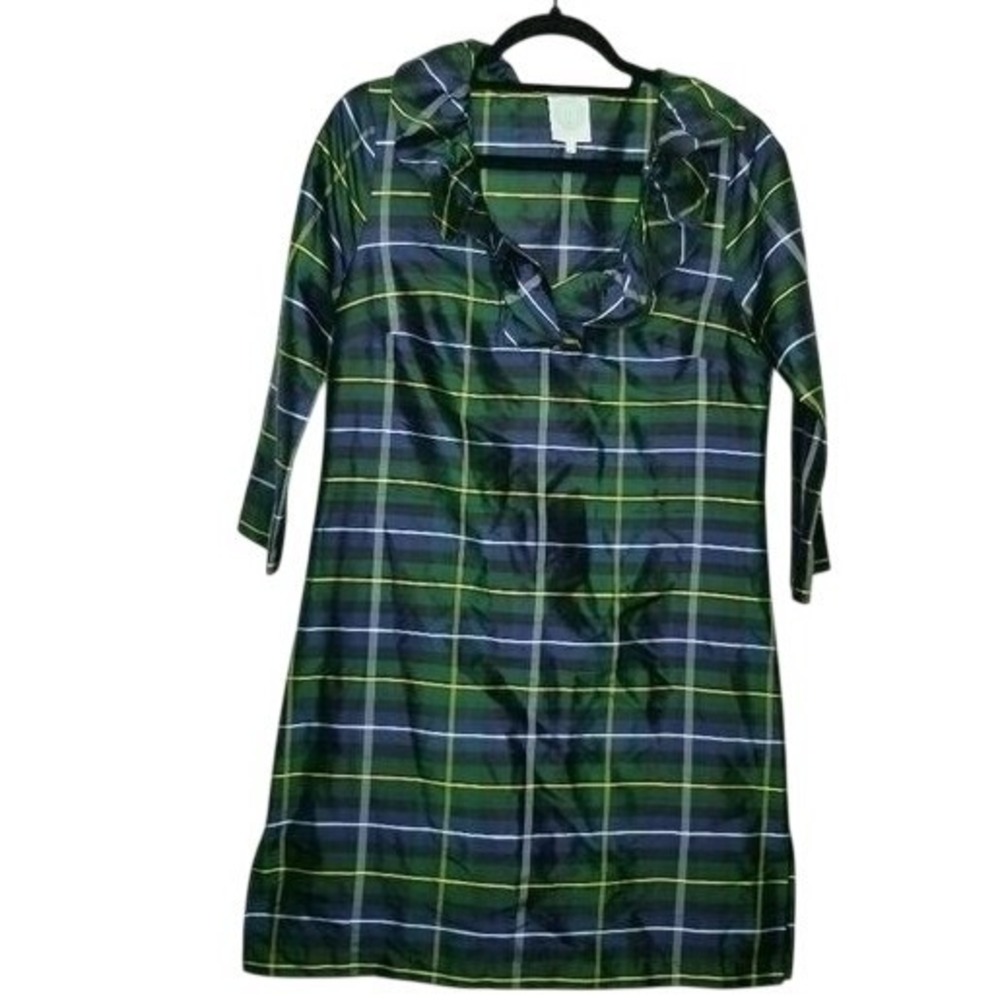 Devon Baer Plaid Silk Dress‎ Ruffle Collar 3/4 Sleeve Women's S Preppy Holiday